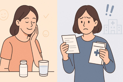 ミルセリンホワイトNKBが向きやすい人と、治療中などで慎重に検討したい人の違いを、笑顔で内服ケアを続ける人と不安そうに薬の説明書を見つめる人の対比で表現したイメージ